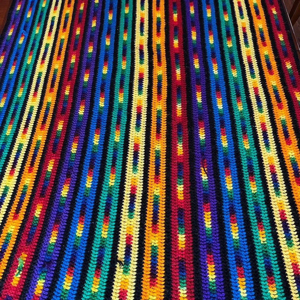 Handmade Crochet Afghan Throw Blanket Rainbow Striped Fringe Boho Retro